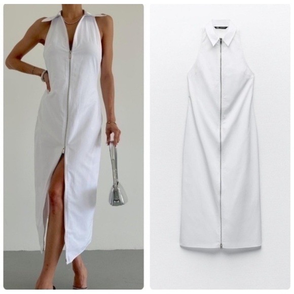 Zara Dresses & Skirts - Zara Full Zip Lapel Collared Gabardine Midi Dress Size L White Classic City Chic